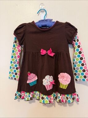 Rare Editions Brown Dress with Pink Accents and Multicolor Polka Dot Sleeves